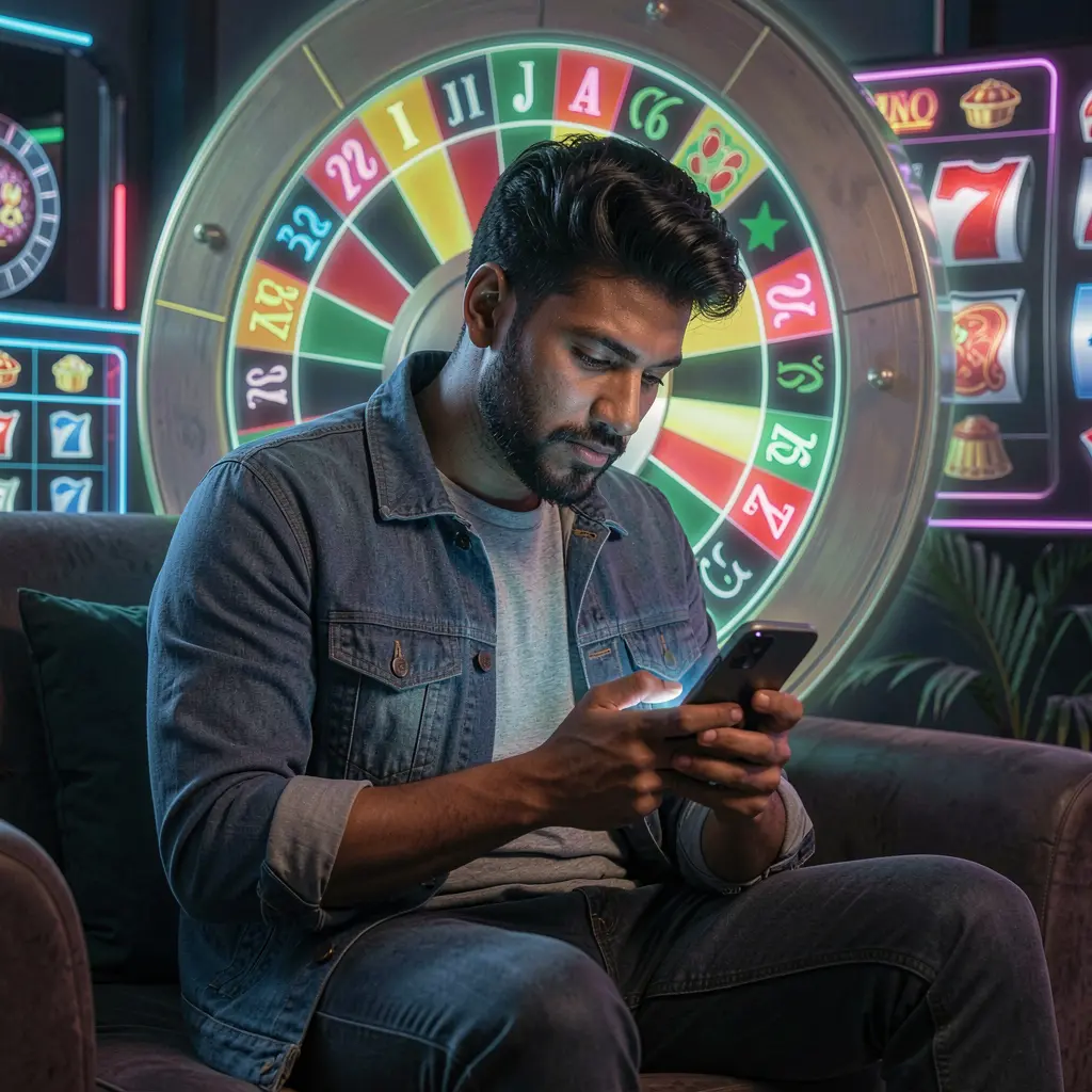 Confident Bangladeshi player using the ABC67 mobile casino app with a glowing roulette interface and slot symbols behind him