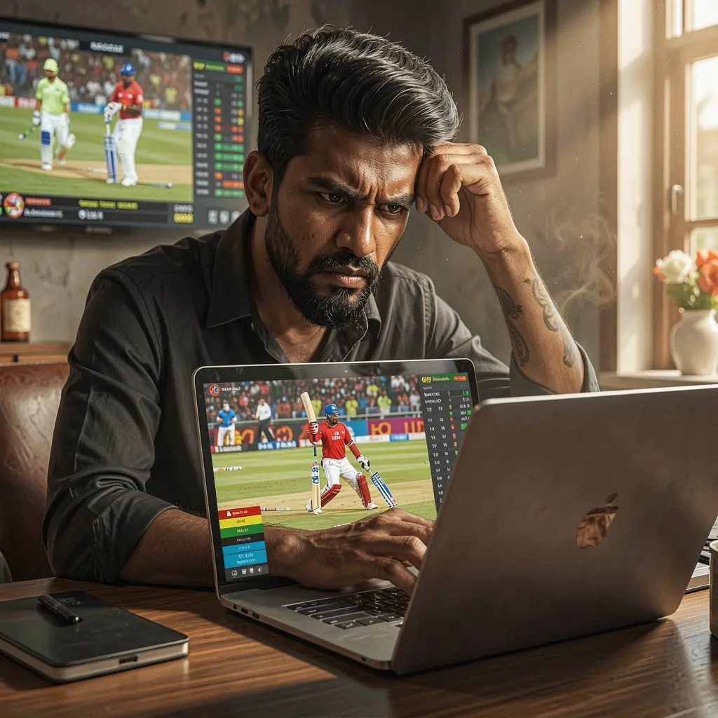 Focused Bangladeshi sports bettor analyzing live cricket odds on a laptop using the ABC67 betting platform