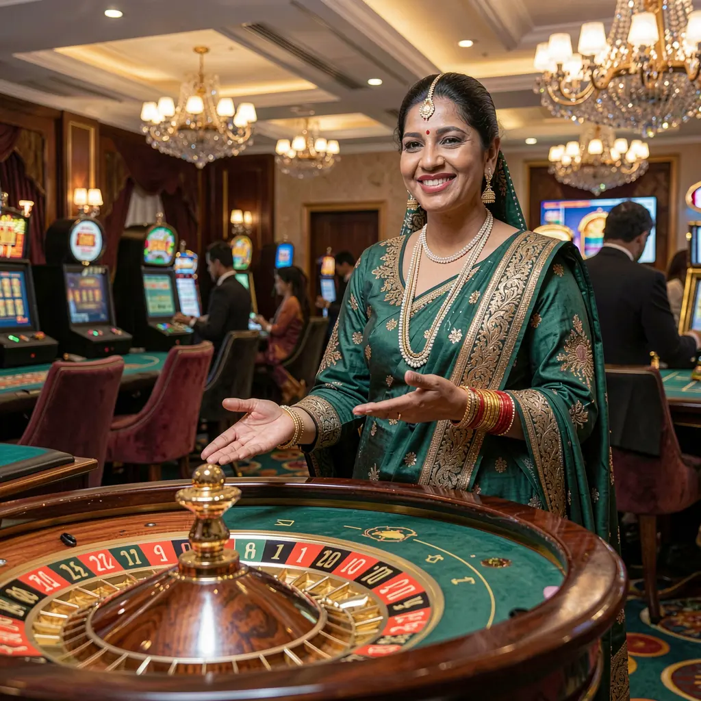 Elegant live casino dealer at a roulette table inside a luxury studio, inviting players to join real time games on ABC67 in Bangladesh