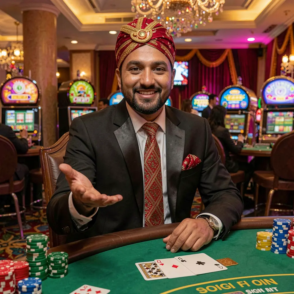 Confident Bangladeshi casino host welcoming players at a vibrant gaming table with cards and chips inside the ABC67 online casino