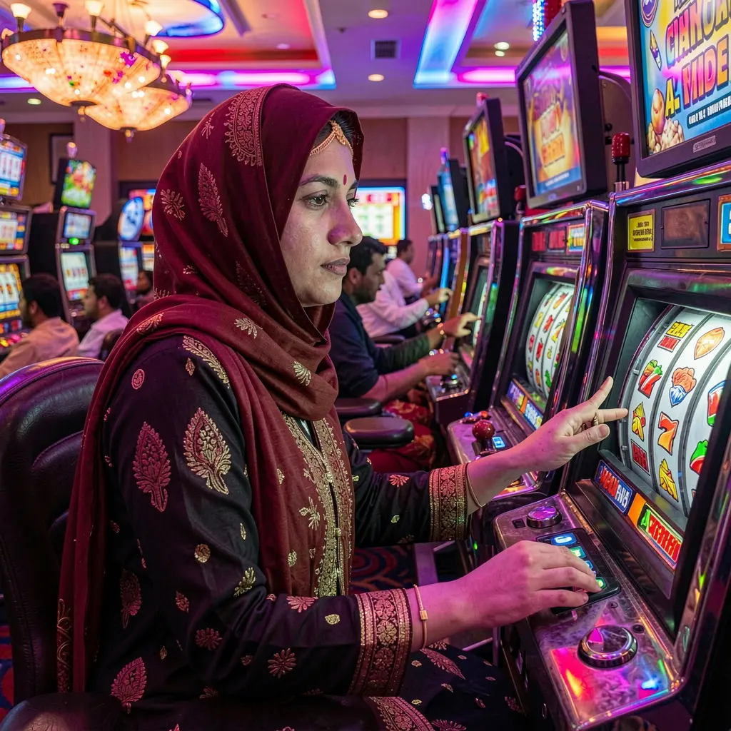 Focused Bangladeshi player exploring vibrant slot machines at ABC67 casino with colorful lights and a premium gaming environment